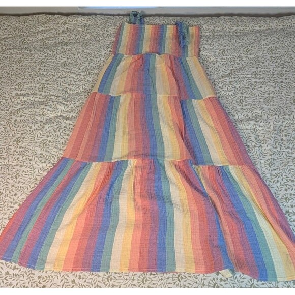 Marine Layer Maxi Dress Large Rainbow Stripe Smocked Tiered Sleeveless Boho - Picture 2 of 4